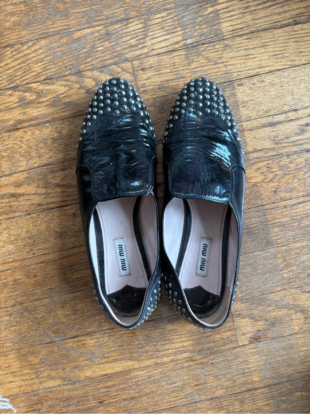 Miu Miu Black Patent Leather Studded Slip-On Loafers